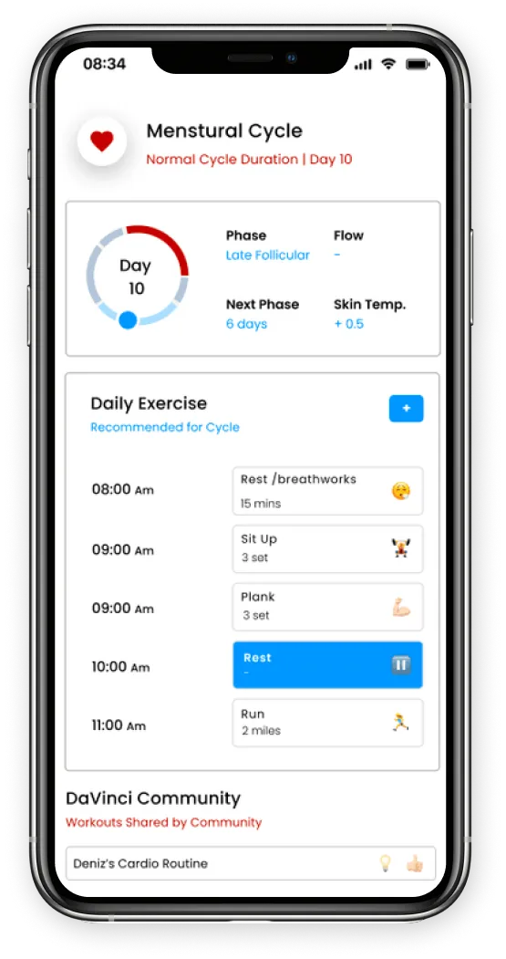 DaVinci app showing Menstrual Cycle tracking dashboard with daily exercise and community features