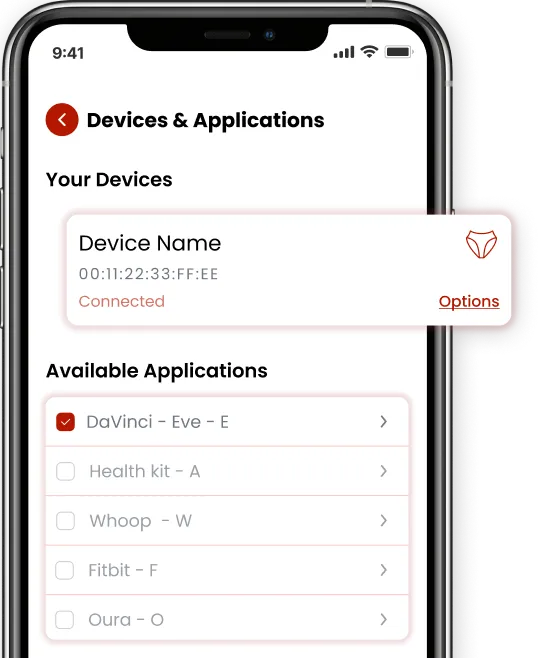DaVinci iOS app showing Devices & Applications screen with wearable connected