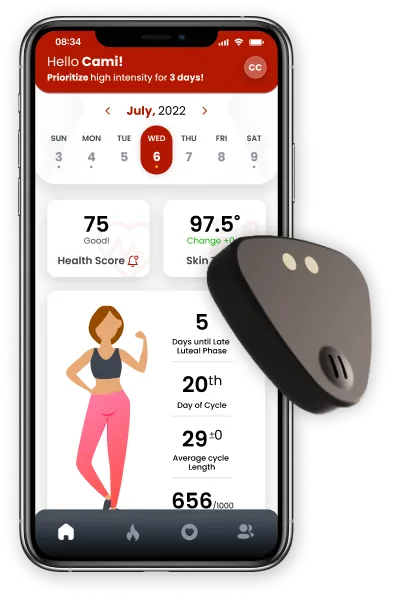 DaVinci wearable device and femtech app showing cycle tracking data