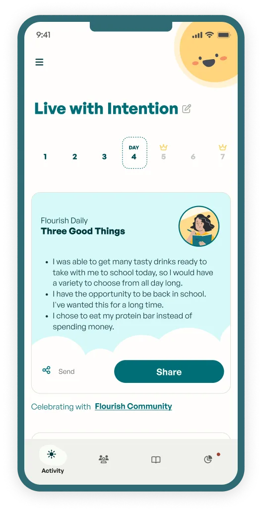 Flourish app home screen showing mood tracking