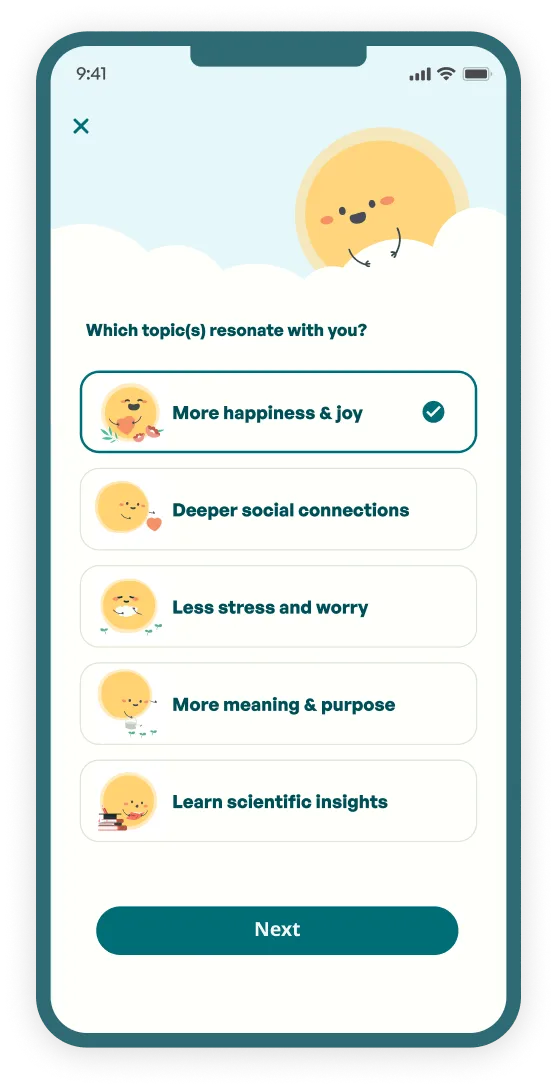 Flourish app onboarding screen showing topic selection