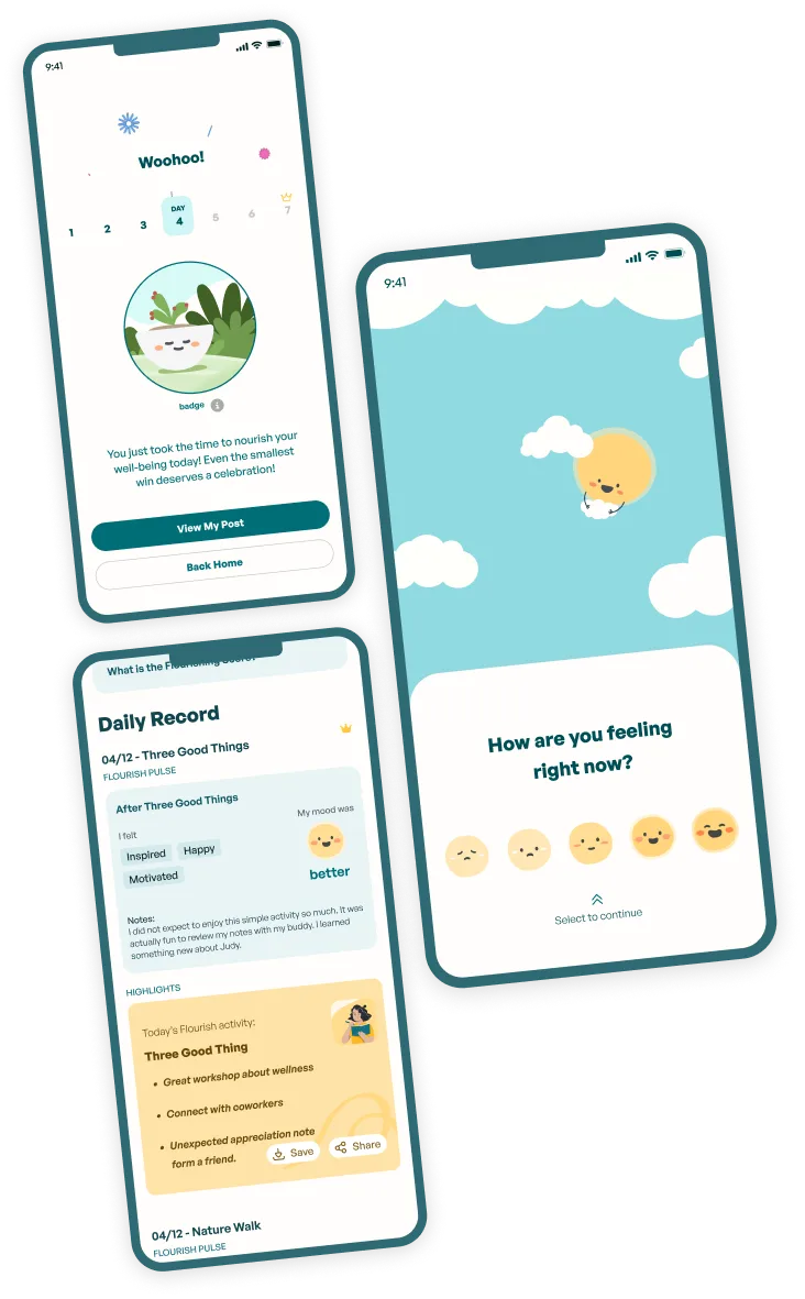 Flourish app screens showing daily activities and mood tracking