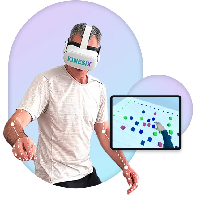 Person wearing VR headset using Kinesix hand tracking therapy system
