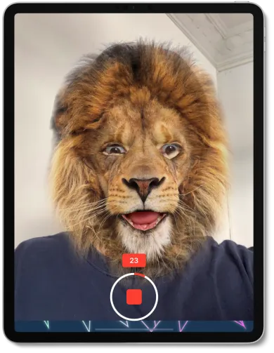 An iPad with AR filter showing a lion face