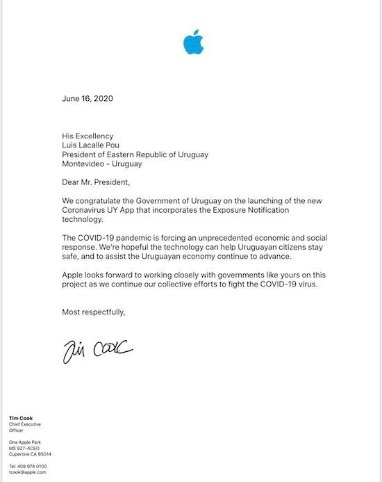 Tim Cook Letter Uruguay