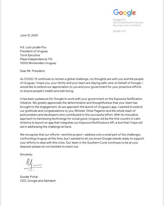 Sundar Pichai Letter Uruguay