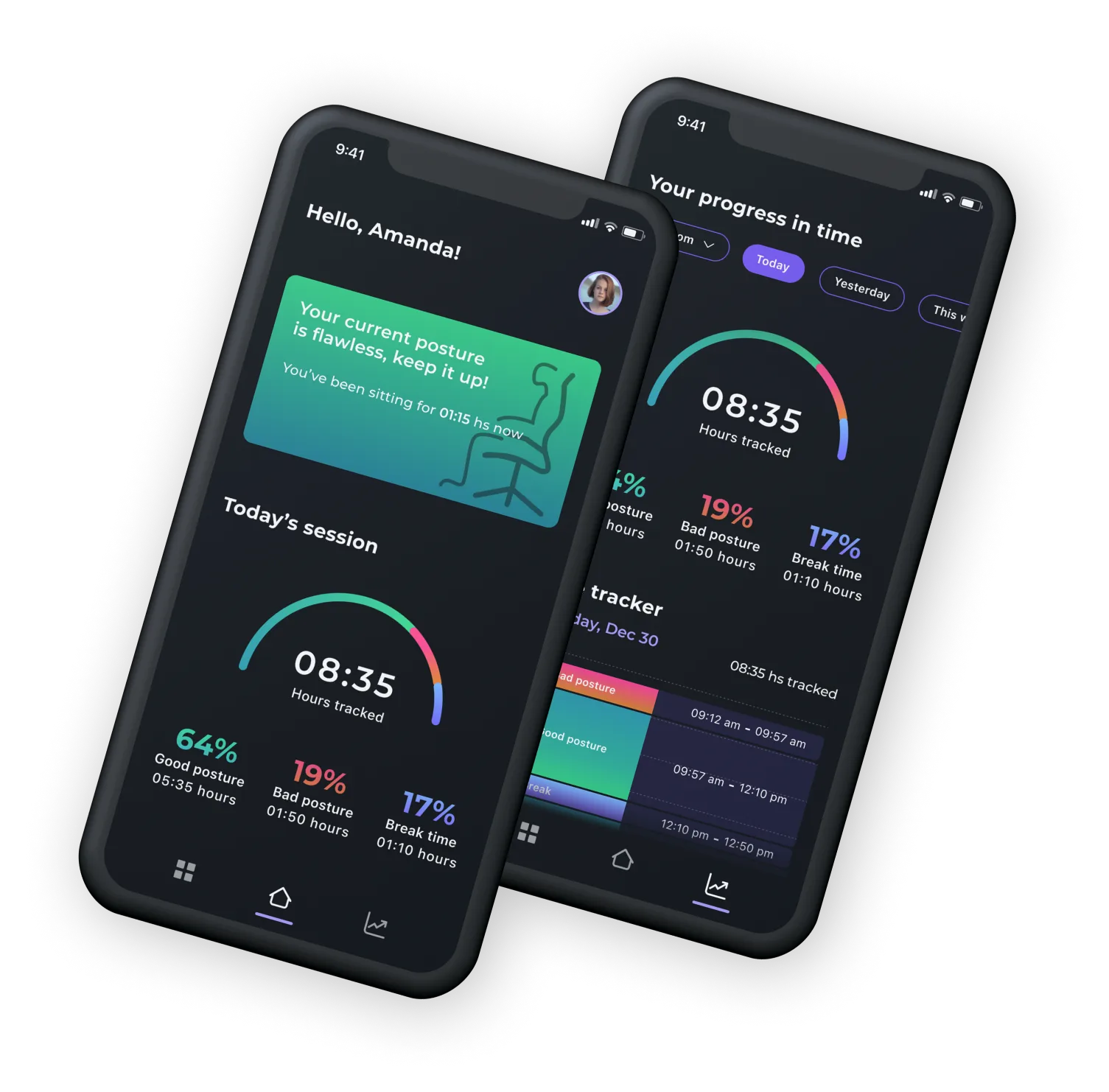 Two smartphones with the posture app open